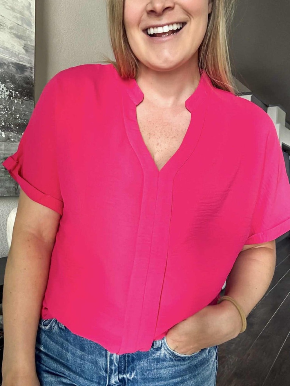 Ninexis Bright Pink Roll-Tab Sleeve Blouse – Women’s XL
